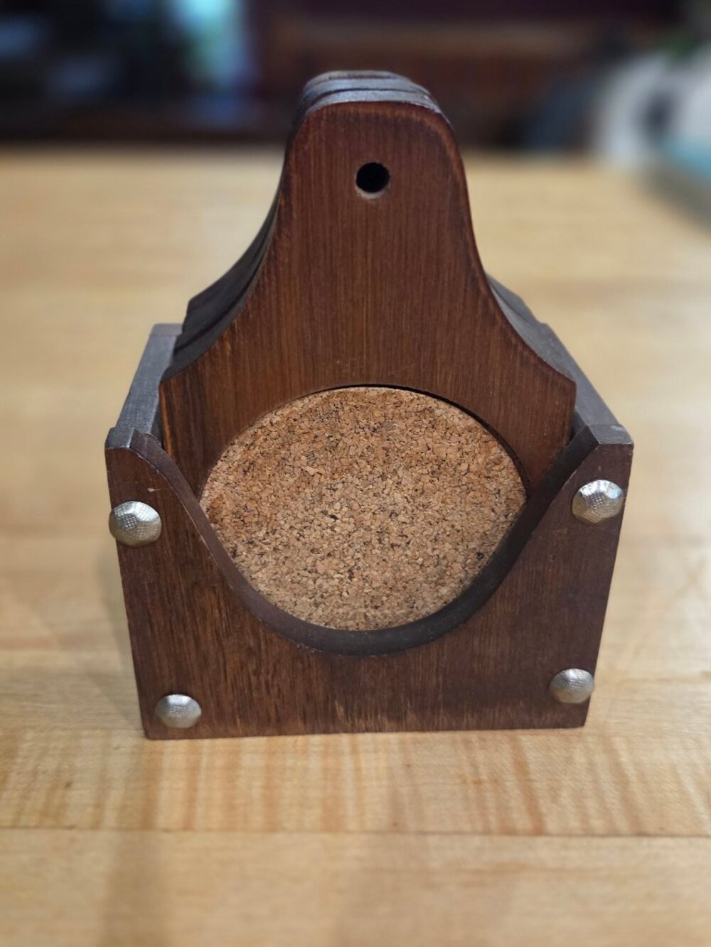 Vintage Goodwood Teak Wood and Cork Hanging Coasters Set of 6 with Stand